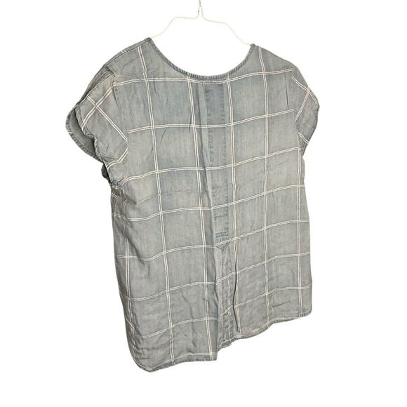 Velvet Rose Tencel Chambray Top Short Sleeves Plaided Blue White Size M NWT - Picture 2 of 3